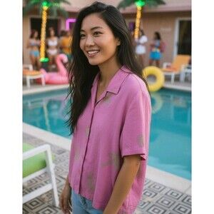 Vintage Pink Linen Short Sleeve Button Down Sz M Tropical  80s 90s Beach Party